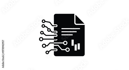 Digital document icon with circuit board lines, smart contract electronic file vector, automated data processing and artificial intelligence symbol