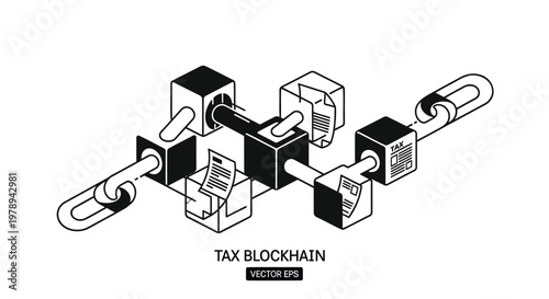 Tax blockchain isometric vector illustration, decentralized financial ledger with digital blocks and chains, secure crypto accounting system concept