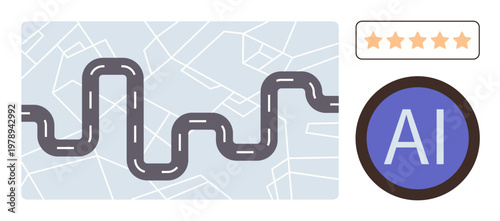 Navigation tools, AI advancements, technology evaluations, user satisfaction, digital ethics, innovation. Winding road on map with AI badge and 5-star rating. Navigation tools and AI advancements