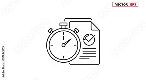 Minimalist stopwatch and document line icon, time management and deadline concept vector, productivity tracking and task completion symbol