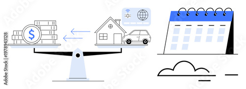 Budgeting, financial planning, economy, savings, property investment, time management. A scale balancing money and a property, with a calendar and cloud elements. Budgeting and financial planning