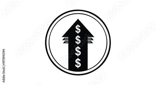 Financial growth arrow with dollar signs in circle, black and white money increase icon, tax day  business profit and revenue success vector illustration