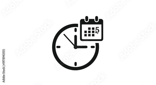 Minimalist time management icon, tax day  black clock and calendar vector symbol, schedule and deadline planning graphic for business productivity