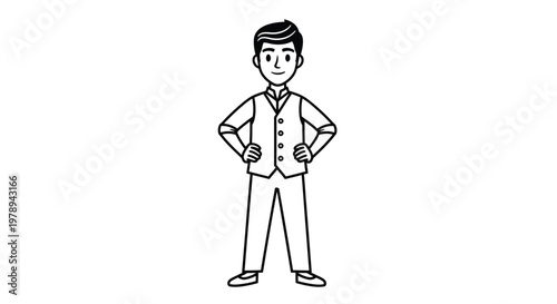 A stylized illustration of a man standing confidently with his hands on his hips.