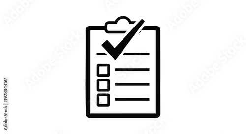 Checklist clipboard icon tax day  with check mark, black line art task management symbol, business survey and project completion vector illustration