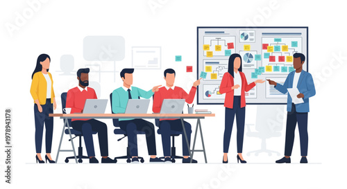 Business team collaboration and strategy planning meeting with presentation board