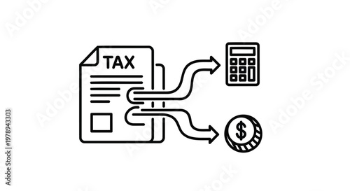 Tax calculation line icon,tax day   financial document with calculator and dollar coin vector, accounting and bookkeeping process illustration