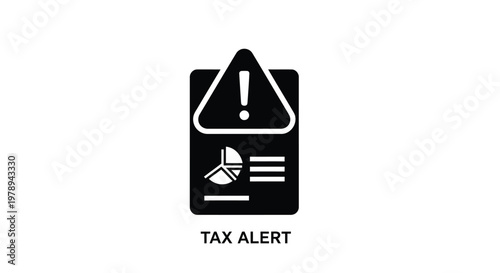 Tax day  alert icon with warning triangle, financial document with pie chart and exclamation mark, black and white business notification vector