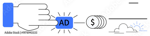 Digital marketing, online advertising, monetization, e-commerce, pay-per-click, budget planning. A hand presses an ad button leading to money and profit icons. Digital marketing and online