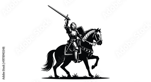 A knight in armor on horseback raises a sword in victory against a white background.