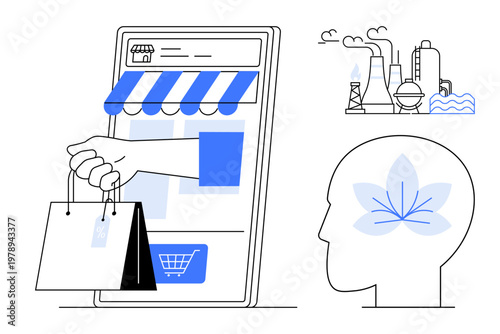 Online shopping, sustainability, mindfulness, industrial impact, eco-consciousness, buying habits. A hand with bags from a screen, factory icons head silhouette with a leaf. E-commerce
