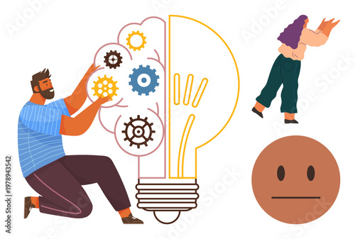 Teamwork, innovation, idea generation, problem-solving, mental health, creative workflow. A man assembles gears inside a light bulb while a woman walks away and a neutral face emoticon is . Teamwork