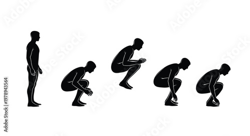 Silhouettes of a person performing a squat exercise in five distinct stages on a white background.