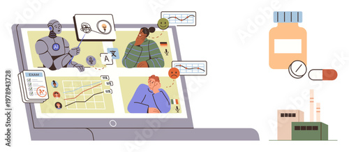 Telemedicine technology, patient monitoring, AI diagnostics, health management, medical data analysis, pharmaceutical integration. Laptop screen displaying AI, patient graphs and communication. AI