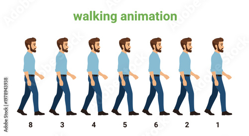 A sequence of eight cartoon figures illustrating a walking animation cycle.
