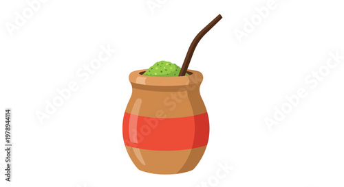 A mate gourd with a straw for drinking is filled with green tea leaves.