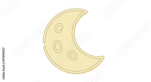 A stylized crescent moon shape with craters is depicted against a white background.