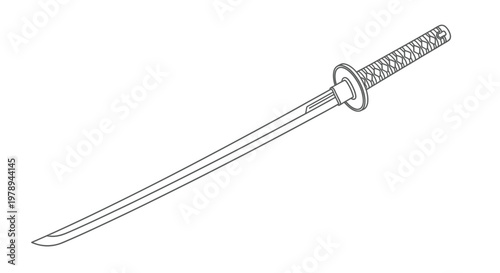 A single katana sword is depicted in a clean, minimalist line art style against a white background.