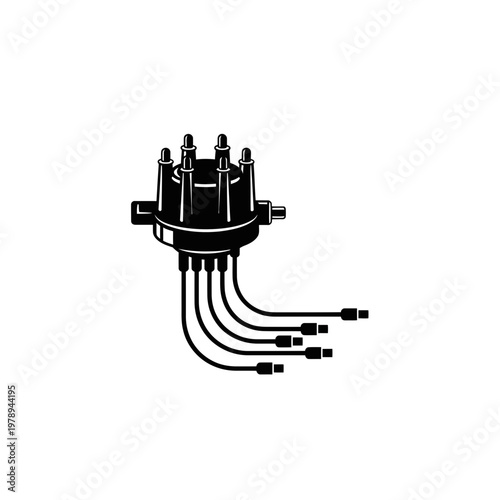 Distributor cap with ignition wires connected.