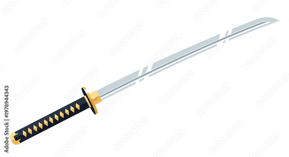 Fototapeta premium A sharp Japanese katana sword with a black handle and gold accents is displayed.