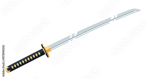 A sharp Japanese katana sword with a black handle and gold accents is displayed.