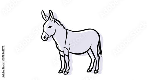 A simple drawing of a donkey stands with its eyes closed.