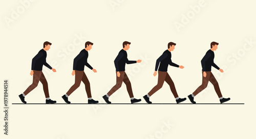 A series of illustrations depicts a man walking through five distinct poses, showcasing movement.