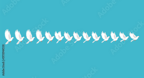 A flock of white doves flies in a line against a bright blue background.