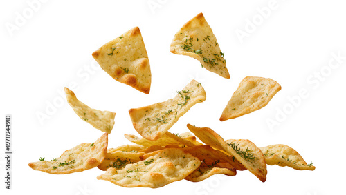 Bilde på lerret Isolated savory crispy pita chips with herbs falling into a pile, delicious seasoned flatbread snacks