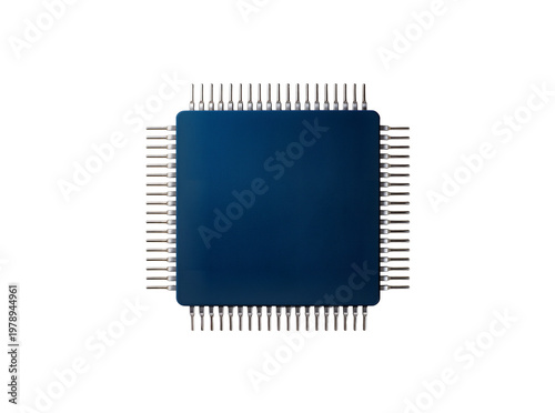фотографія Isolated blue square microchip with many pins, electronic component for modern t