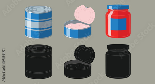 A colorful illustration depicts various canned goods including tuna peaches and jam