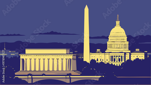 Stylized Washington DC Skyline Vector Art with Iconic Monuments