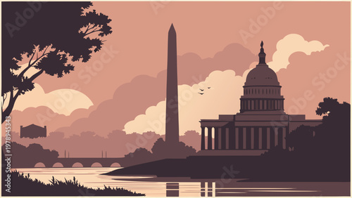 Washington DC Skyline Illustration with Capitol and Monument