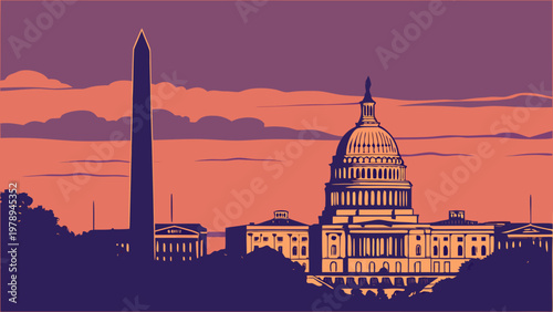 Washington DC Skyline Illustration with Capitol and Monument