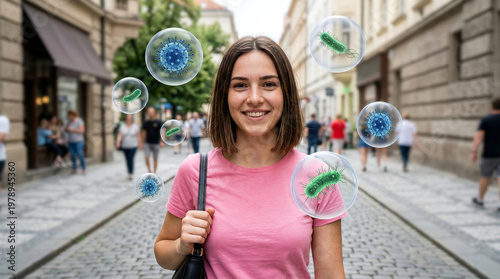 Portrait of young woman in public space with floating infectious microbes and virus cells conceptual medical 3d render.