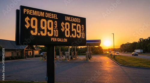 Gas station fuel price sign at sunset beside highway and empty pumps