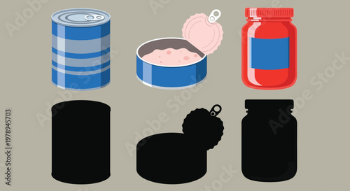 An illustrative collection of various canned goods and opened containers showcasing food packaging