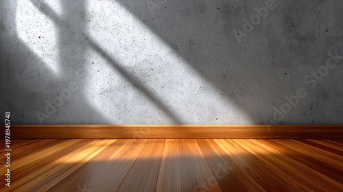 Modern concrete wall with soft light shadows and wooden floor showcasing a minimalist interior design aesthetic suitable for various creative projects