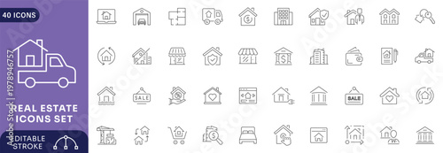 Real Estate line icon set. Containing Purchase and sale of housing, House, Agent, realty, property, home loan . Editable stroke.