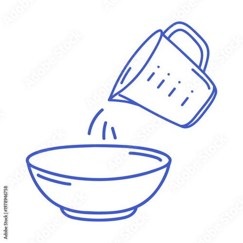 Measuring cup pouring into bowl in blue line art style. Hand drawn icon of Cooking process. Outline vector isolated illustration. 