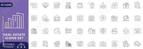 Real Estate line icon set. Containing Purchase and sale of housing, House, Agent, realty, property, home loan . Editable stroke.