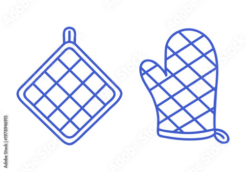 Heat protection set of simple isolated illustrations. Blue line kitchen vector icons on white background.