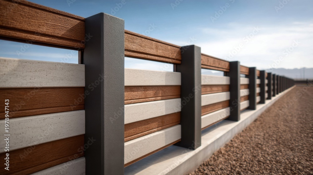 Fototapeta premium Modern Fence Design with Wood and Concrete Elements Against a Clear Blue Sky in a Desert Landscape