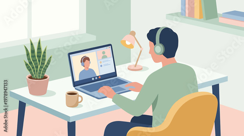Dynamic illustration of a man engaged in a virtual business meeting or remote work session from his comfortable home office setup, fostering modern collaboration