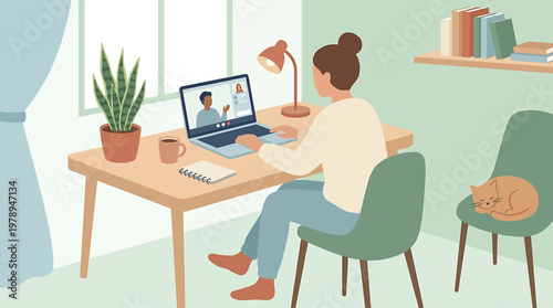 Woman working remotely from her home office, engaged in an online video call on her laptop. Flat illustration depicting digital communication, remote work, and a modern work-life balance