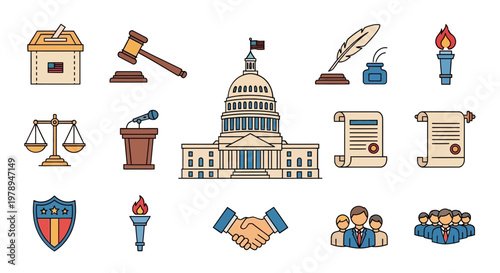 Government and Law Icons: Capitol Building, Gavel, Scales, Voting, Speech, Scroll