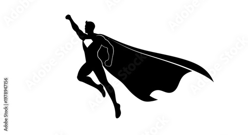Silhouette Superhero Flying with Cape, Heroic Action, Courage, Strength, Success, Power