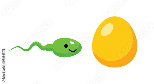 Cute cartoon sperm cell approaching a golden egg, representing fertilization and new life