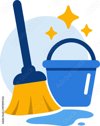 An illustration of a broom and a bucket with cleaning liquid, symbolizing cleanliness and housework. The broom and bucket are presented in vibrant colors, highlighting the concept of tidiness