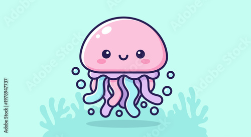 Cute pink jellyfish cartoon character swimming.